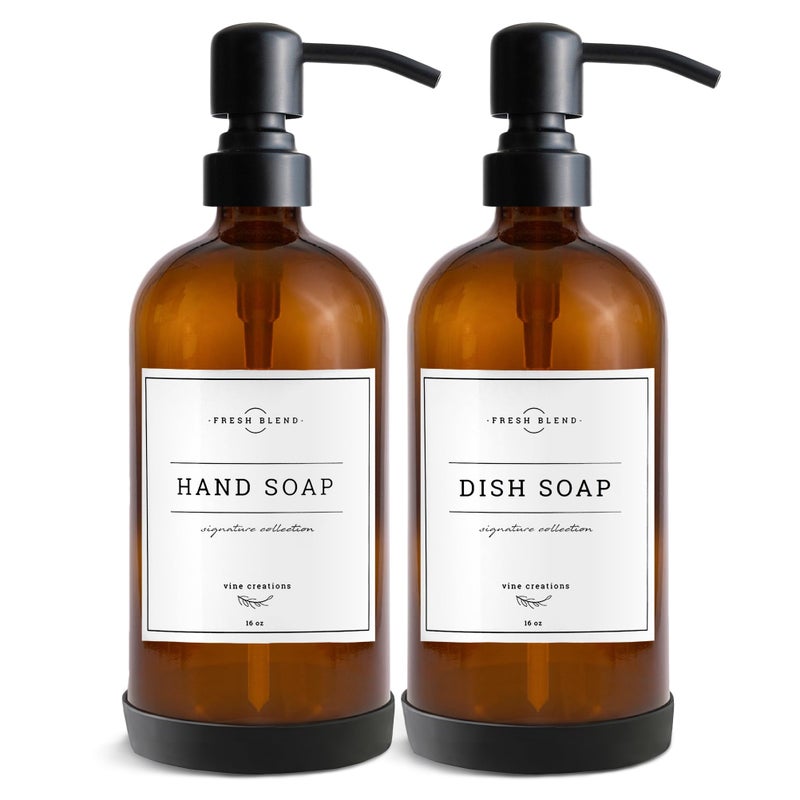 Vine Creations Amber Glass Soap Dispenser, 2 Pack Kitchen Soap Dispenser Set with Stainless Steel Pump, 16 oz Dish Soap and Hand Soap Dispensers for Bathroom with Waterproof Labels - Image 1